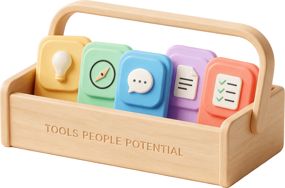 A wooden toolbox filled with colourful tool cards: a lightbulb, a compass, a chat bubble, a document and a checklist.